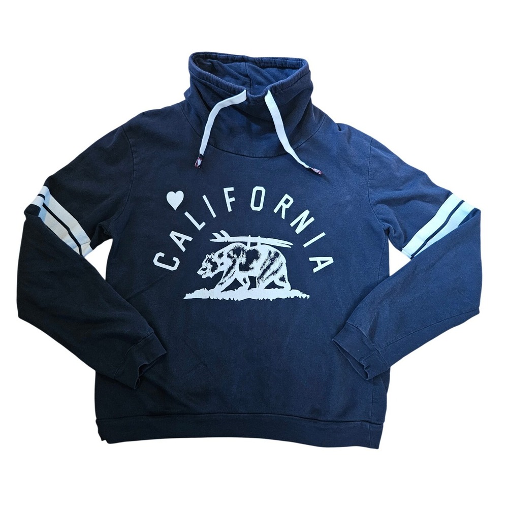 On Fire California Bear Surfboard Funnel Neck Sweatshirt Navy Blue Mens XL